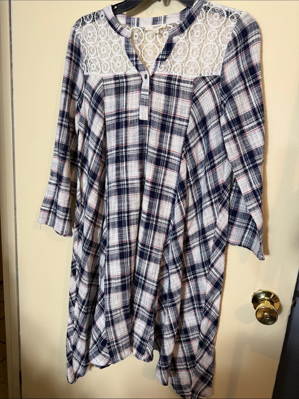 ODDY Navy, White & Red Plaid Lace-Yoke Long Sleeve Dress